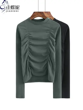 早秋新款纯棉修身显瘦圆领短款前面褶皱长袖打底衫内搭上衣女T恤商品大图