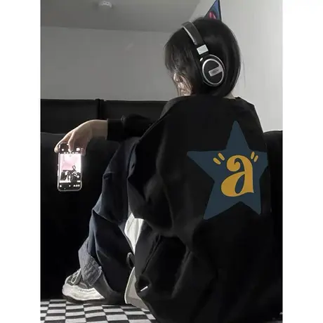 美式hiphop潮牌秋季卫衣女大码加绒黑色外套ins宽松复古新款上衣商品大图