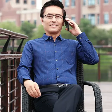爸爸衬衫长袖春秋季薄款老年人父亲男式衬衣中年夏装冰丝格子上衣图片