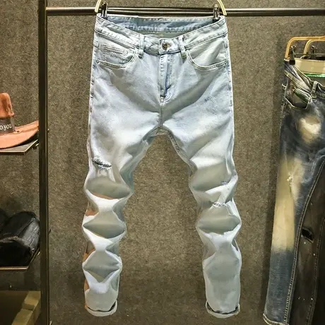 浅色破洞牛仔裤男士潮牌修身小脚裤春夏季水洗猫爪百搭长裤子潮流商品大图