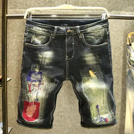 黑色夏季牛仔短裤男款韩版潮流直筒中裤潮牌破洞针缝补丁五分裤子商品大图