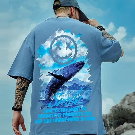 潮牌宽松原宿趣味小恶魔短袖T恤男潮欧美街头潮流加肥加大半截袖图片