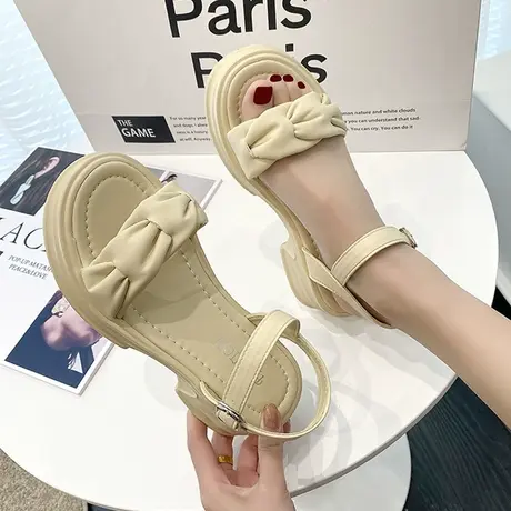 粗跟厚底凉鞋女2023年春夏新款法式复古时尚网红一字带仙女风鞋子图片