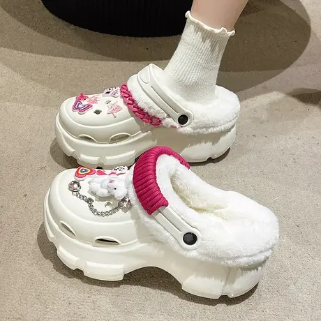 可拆卸棉拖鞋女冬季2023新款外穿加绒洞洞鞋厚底增高踩屎感毛拖鞋商品大图