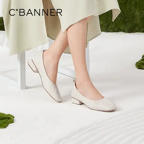 千百度女鞋秋季款芭蕾舞鞋舒适温柔风方头单鞋女气质简约奶奶鞋商品大图