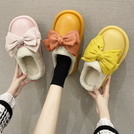 防水毛绒拖鞋女秋冬2023年新款包头蝴蝶结网红居家防滑保暖棉拖鞋商品大图
