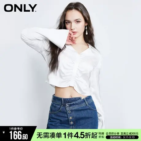ONLY冬季气质潮流V领喇叭袖抽褶短款雪纺衫女商品大图