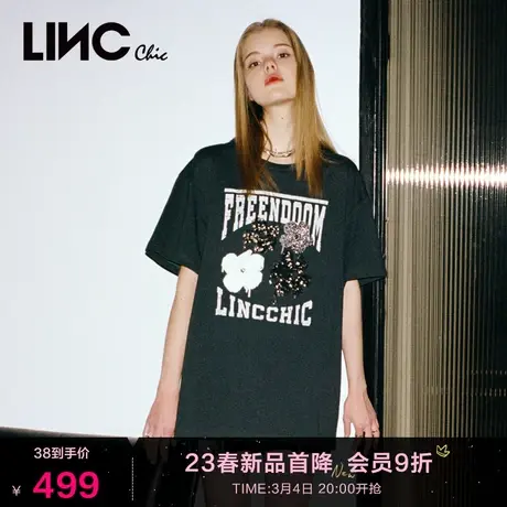 LINC金羽杰夏秋新款复古轻奢重工刺绣T恤棉质短袖女S231TS061Y商品大图