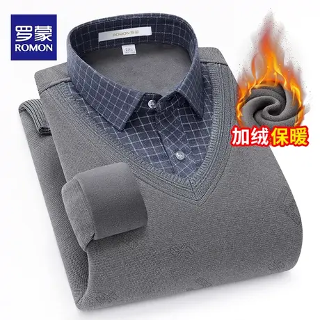 罗蒙加绒衬衫男冬季新款假两件保暖加厚一体绒针织衫格子灰色衬衣图片
