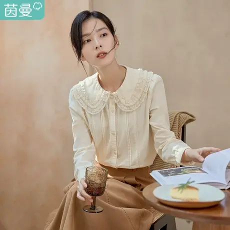茵曼2023冬女装新款田园大翻领灯芯绒精致花边泡泡袖长袖衬衫衬衣商品大图