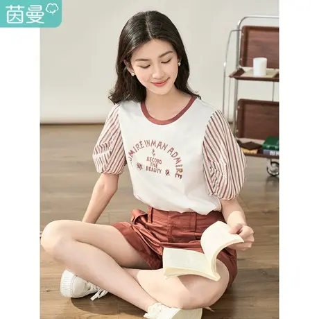 茵曼通勤纯棉T恤女2023年夏季新款甜美圆领条纹印花拼接短袖上衣商品大图
