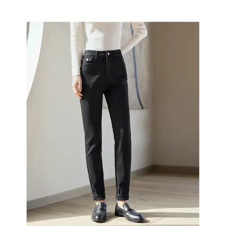 茵曼加绒小脚牛仔裤2023冬女装新款通勤高腰弹力修身显瘦百搭长裤商品大图