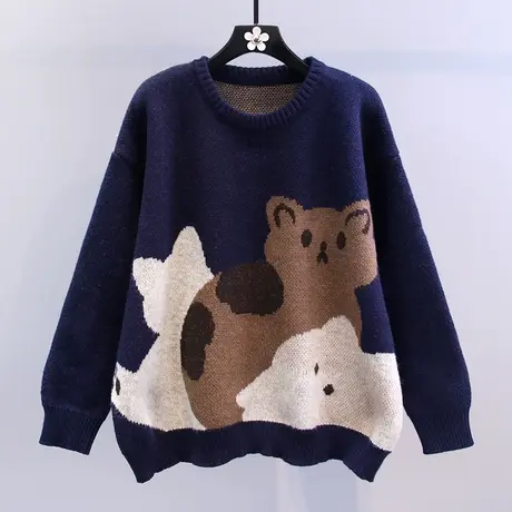 复古卡通猫咪提花毛衣女秋冬2023新款宽松慵懒风高级感针织衫上衣图片