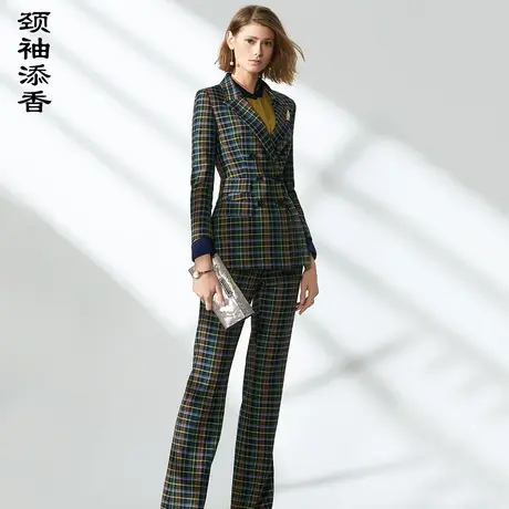 颈袖添香2023春秋商务总裁时尚气质英伦格子修身职业正装套装图片