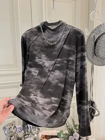 复古港风晕染堆堆领弹力显瘦长袖打底衫T恤女2023秋装新款上衣服图片