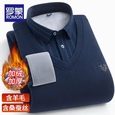 【含羊毛蚕丝】罗蒙加绒加厚假两件毛衣男冬季男士翻领保暖针织衫图片