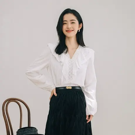 茵曼甜美女2022春季新款法式大翻领花边百搭休闲宽松气质梭织衬衫商品大图