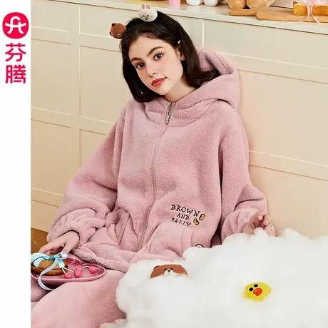芬腾秋冬季珊瑚绒睡衣女抗静电可爱保暖加绒加厚家居服布朗熊套装商品大图
