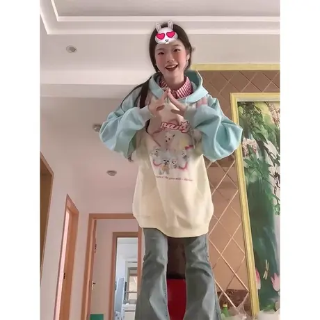 美式插肩袖连帽卫衣女春秋薄款韩版宽松慵懒风设计感拼色上衣外套商品大图