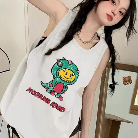 纯棉港风吊带坎肩背心无袖t恤女夏外穿高级感宽松篮球服挂脖上衣图片