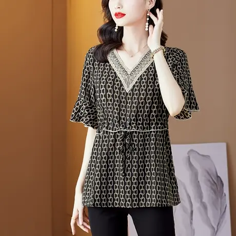 2023夏季新款高端时尚V领蕾丝边拼接雪纺衫女宽松中长款大码胖MM图片