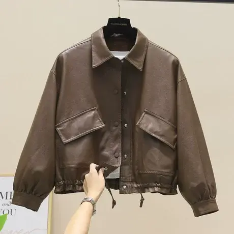 时尚皮衣2023年早秋新款女机车短款外套PU皮夹克复古上衣百搭抽绳商品大图