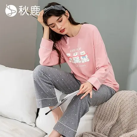 秋鹿【清仓仅剩加大码】纯棉睡衣女春秋长袖长裤可爱小熊圆领柔软商品大图