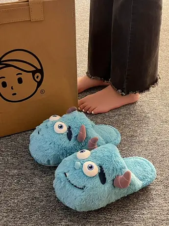 丑萌精灵小怪兽棉拖鞋情侣款创意搞怪爪子冬季保暖毛绒室内居家鞋商品大图