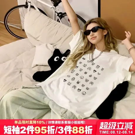 美式街头风潮牌白色正肩t恤女短袖2025新款大版宽松超火半袖上衣商品大图