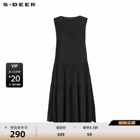 sdeer圣迪奥女装复古圆领盘扣碎褶无袖连衣裙S244Z1204图片