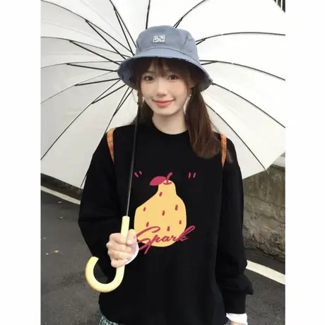 黑色圆领秋季卫衣女2025新款爆款宽松无帽韩系独特超好看外套上衣商品大图
