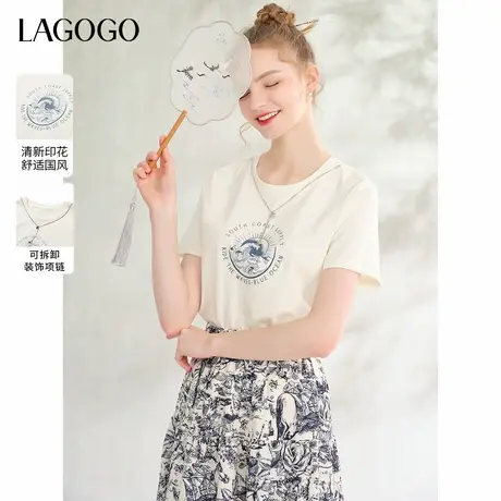 LAGOGO纯棉简约时尚套装女拉谷谷夏季新款短袖T恤国风印花半身裙图片