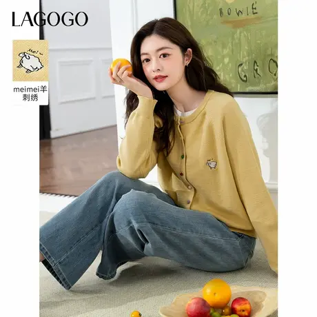 LAGOGO可爱刺绣针织衫女拉谷谷2025年秋季新款彩虹扣开衫黄色外套商品大图
