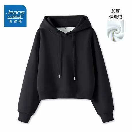 NOE真维斯黑色连帽卫衣女2025新款秋冬季爆款青少年加绒加厚外套商品大图