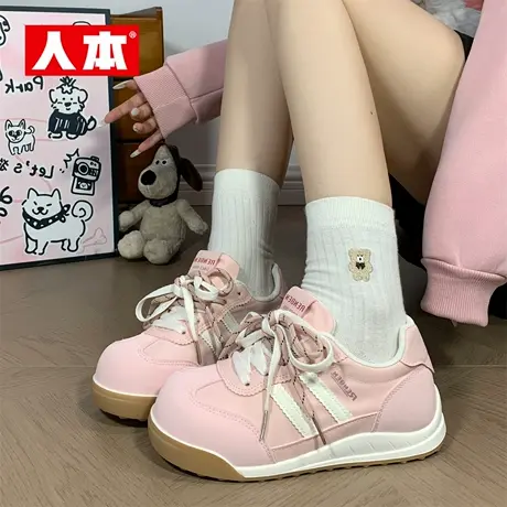 人本粉色复古德训鞋女2025秋季新款少女心芭蕾鞋休闲韩版板鞋子女商品大图
