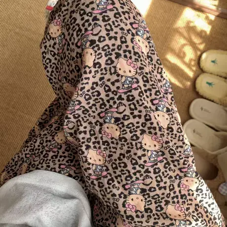 复古豹纹黑皮Kitty纯棉双层纱长裤可爱卡通家居裤可外出遛弯商品大图