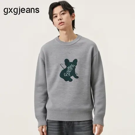 gxg.jeans男装 灰色宽松休闲圆领线衫毛衣男打底基础 秋冬热销图片