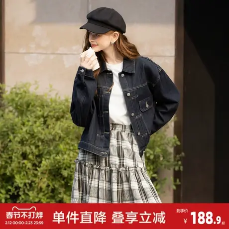 唐狮2026春季新款女短款牛仔外套设计深色牛仔宽松女装翻领通勤风图片