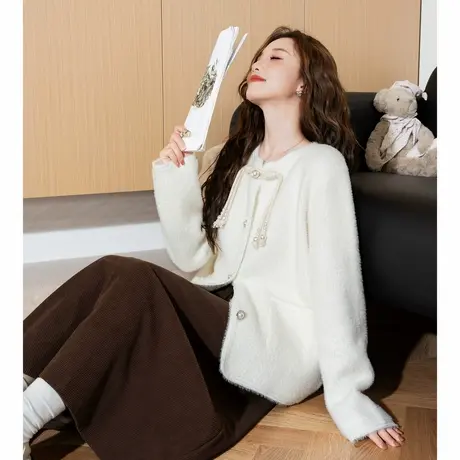 唐狮新款秋冬毛衣开衫女国风新中式针织外套珍珠盘扣毛线衫TD商品大图