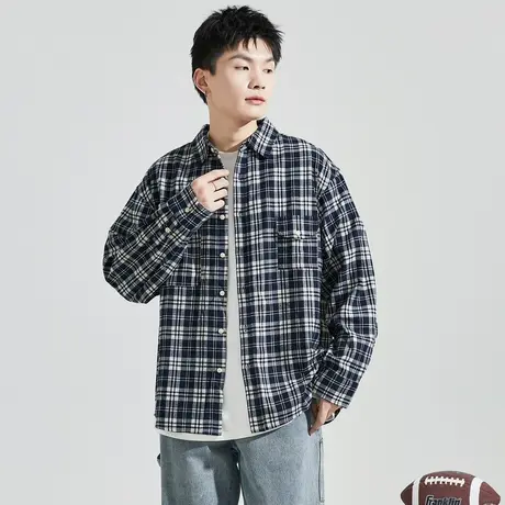 唐狮春秋季款日系格子长袖衬衫男宽松休闲复古衬衣青少年外套潮TD图片