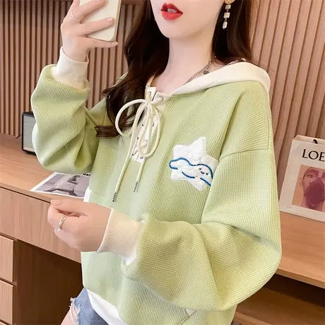 连帽卫衣女秋冬季2023新款韩版宽松加绒加厚小个子撞色华夫格外套图片