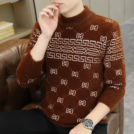秋冬季提花毛衣男士半高领水貂绒针织衫潮流帅气高档加厚保暖线衣商品大图