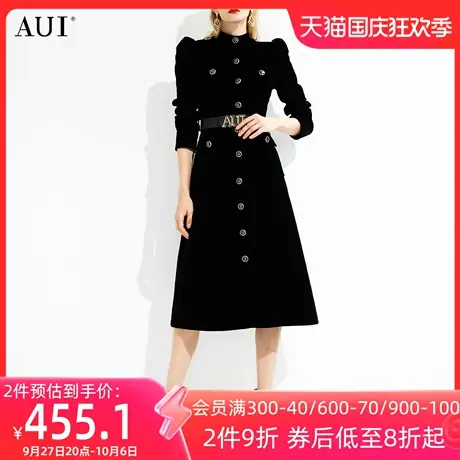 AUI黑色高端丝绒风衣外套女秋2022新款赫本风立领修身中长款大衣商品大图