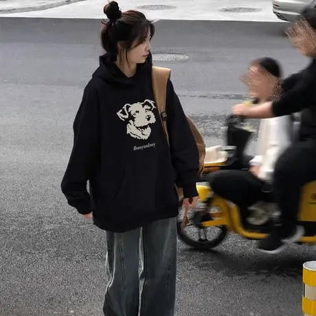 美式复古连帽卫衣女秋冬季加绒加厚宽松韩系慵懒风设计感上衣外套商品大图