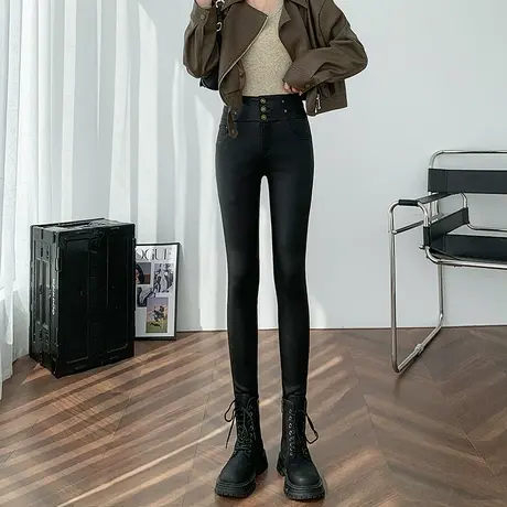 加绒皮裤打底裤女秋冬外穿2023新款修身小脚铅笔裤高腰弹力小黑裤图片