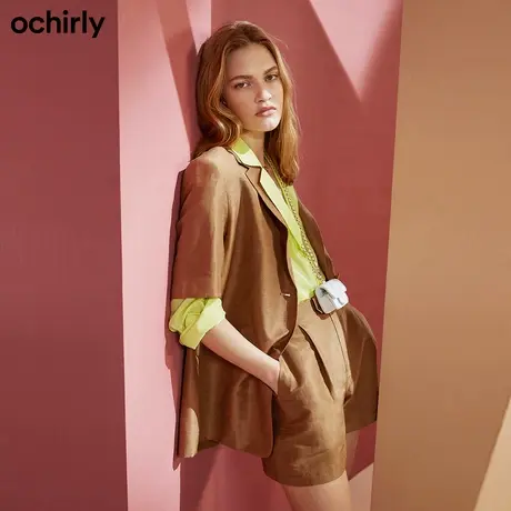 黑标系列 欧时力 亮面亚麻短袖西装外套女 新款冬装复古驳领中长图片