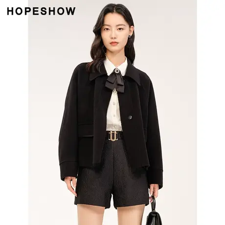 红袖outlets单排扣短款大衣hopeshow2023冬款纯色宽松时尚短外套商品大图
