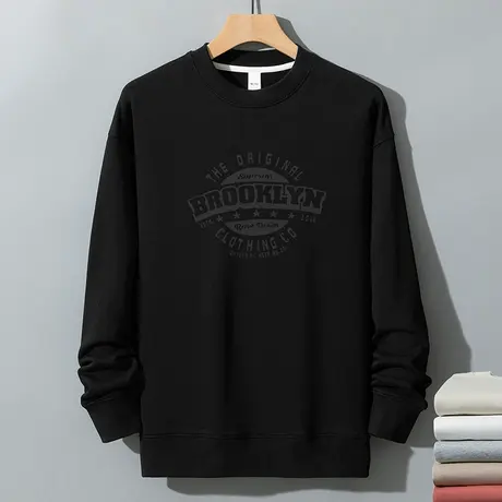 350g重磅圆领套头卫衣男秋冬款黑色长袖t恤摇粒绒保暖无帽上衣服商品大图