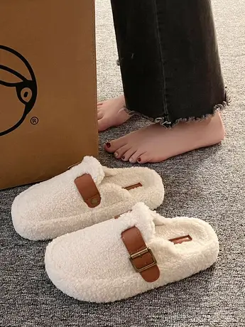 白色包头保暖厚底毛毛拖鞋外穿女秋冬2023新款加绒勃肯防滑棉拖鞋商品大图