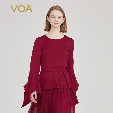 VOA22姆米暗纹提花桑蚕丝圆领喇叭长袖收腰风琴褶不对称真丝T恤衫图片